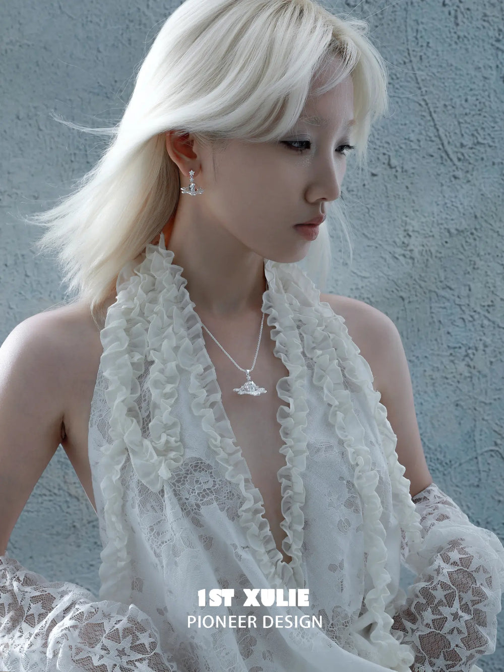 1ST XULIE Jewelry "STARLIGHT LACE" Lace Star Kitten Crystal Orb Statement Charm Pendant Necklace in Platinum Plated - Product View