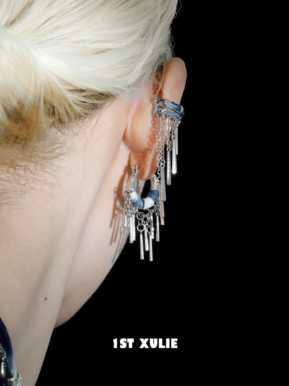 1ST XULIE Jewelry "MIAO" Miao Ethnic Tassel Ear Cuffs in Platinum Plated - Detail Shot