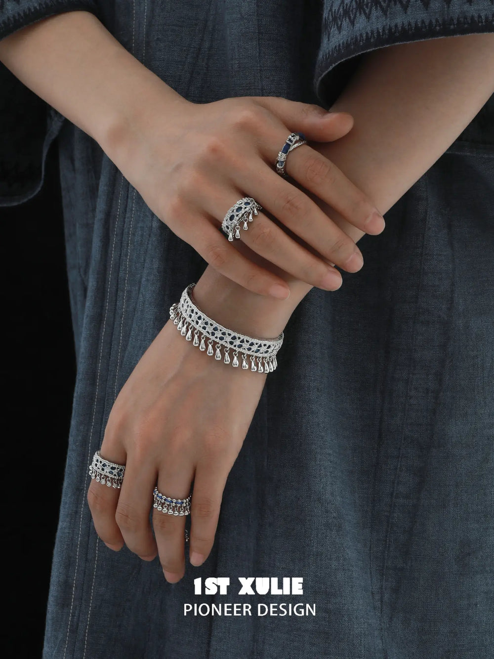1ST XULIE Jewelry "MIAO" Miao Tribal Tie-Dye Statement Adjustable Ring in 925 Sterling Silver - On Model