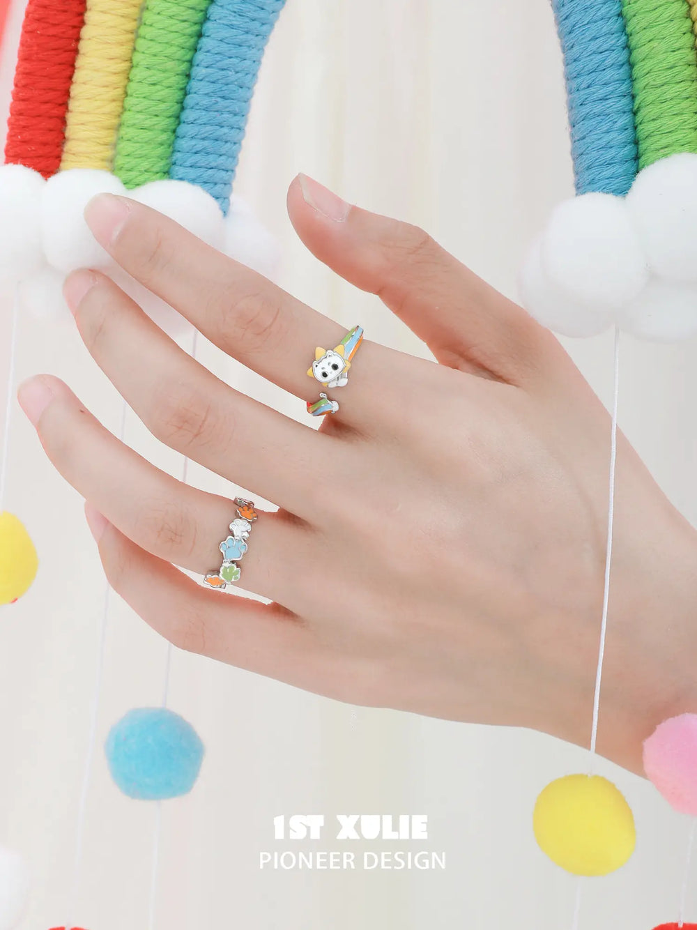 1ST XULIE Jewelry "RAINBOW CAT" Adjustable Rainbow Enamel Cat Paw Ring in 925 Sterling Silver - Detail Shot