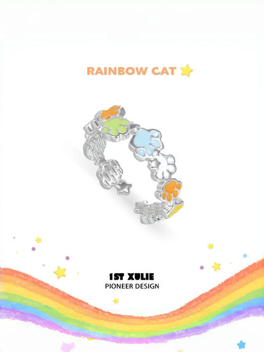 1ST XULIE Jewelry "RAINBOW CAT" Adjustable Rainbow Enamel Cat Paw Ring in 925 Sterling Silver - Lifestyle Shot