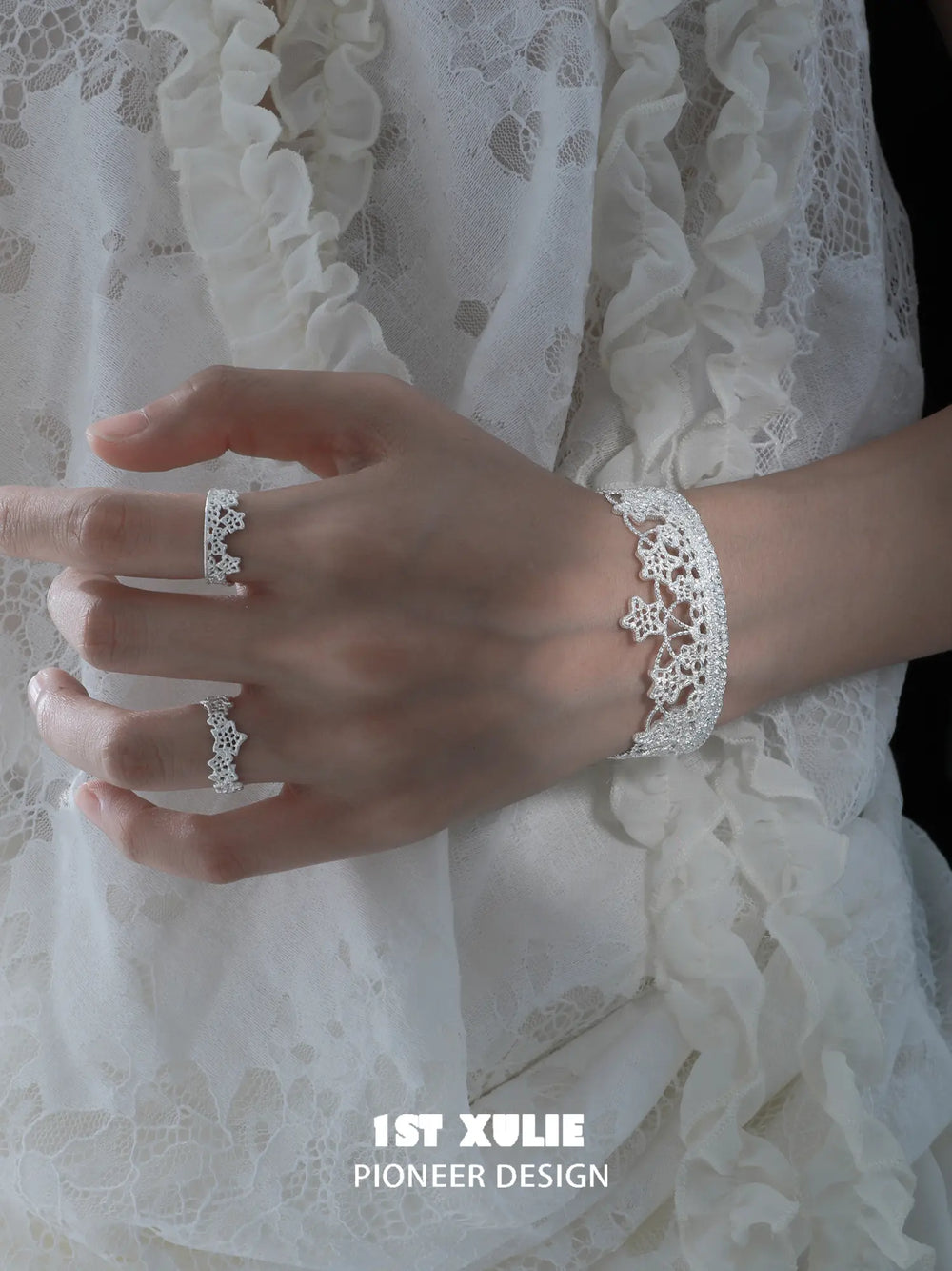 1ST XULIE Jewelry "STARLIGHT LACE" Rococo Star Lace Bangle in Platinum Plated - On Model