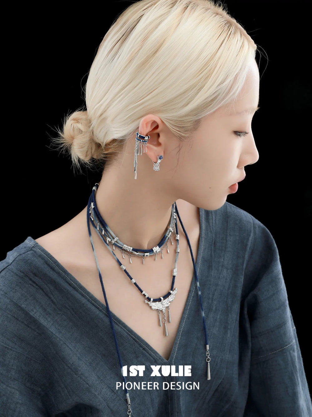 1ST XULIE Jewelry "MIAO" Ethnic Dangle Sodalite Crescent Drop Earrings in Platinum Plated - Detail Shot