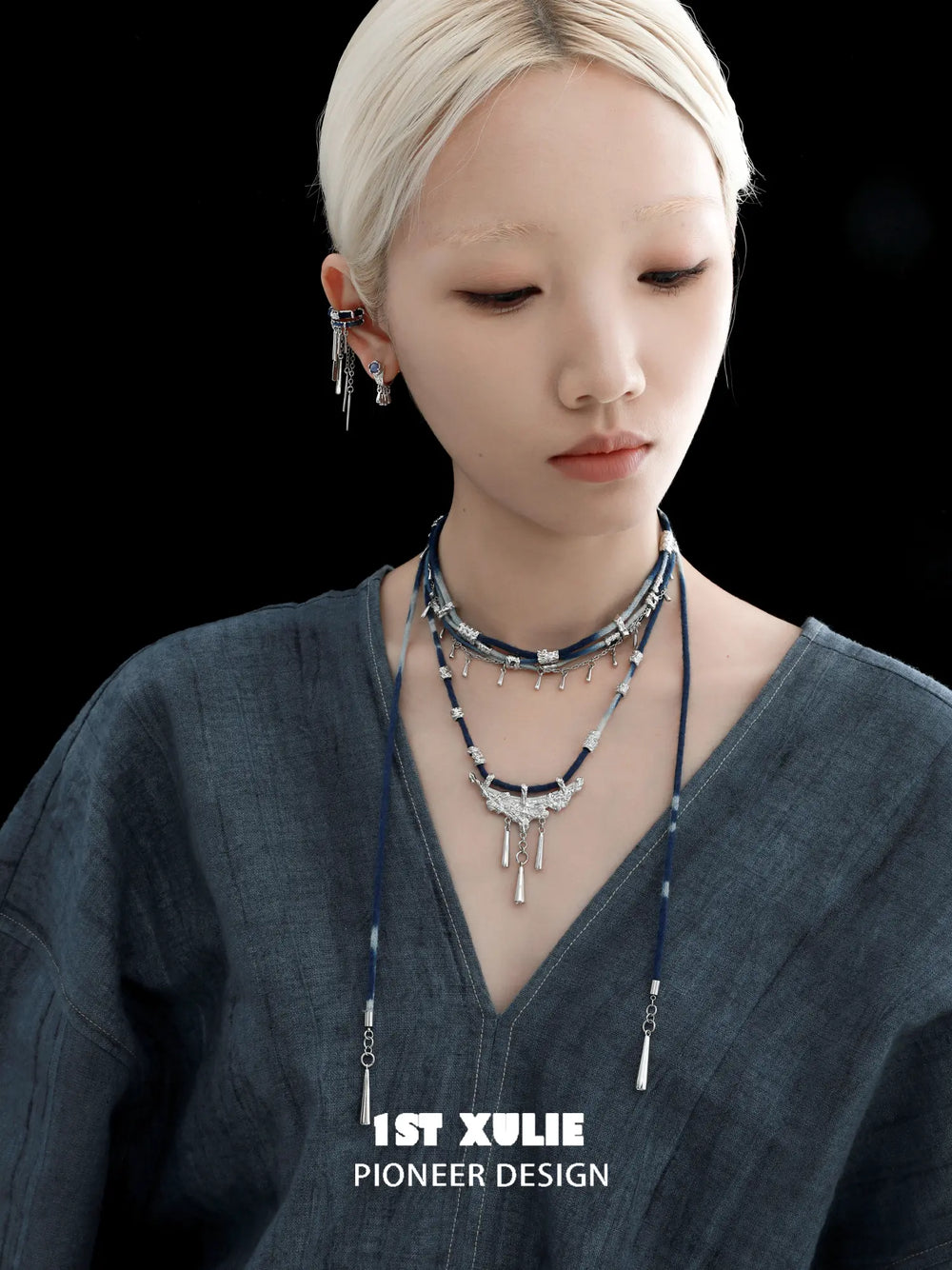 1ST XULIE Jewelry "MIAO" Ethnic Dangle Sodalite Crescent Drop Earrings in Platinum Plated - On Model
