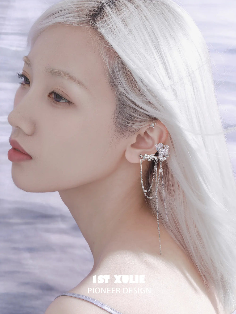 1ST XULIE Jewelry "THE SEA" Swimming Fish Dangle Ear Cuffs in Platinum Plated Brass - Enamel Craft Detail