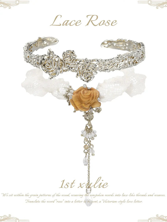 1ST XULIE Jewelry "Lace Rose" Victorian Lace Rose Tassel Charm Bracelet in 18K Gold Plated - Angle 2