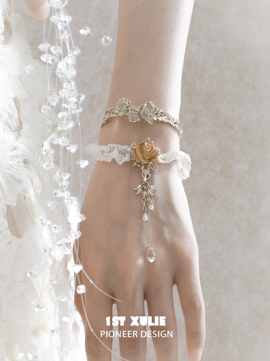 1ST XULIE Jewelry "Lace Rose" Victorian Lace Rose Tassel Charm Bracelet in 18K Gold Plated - Detail Shot