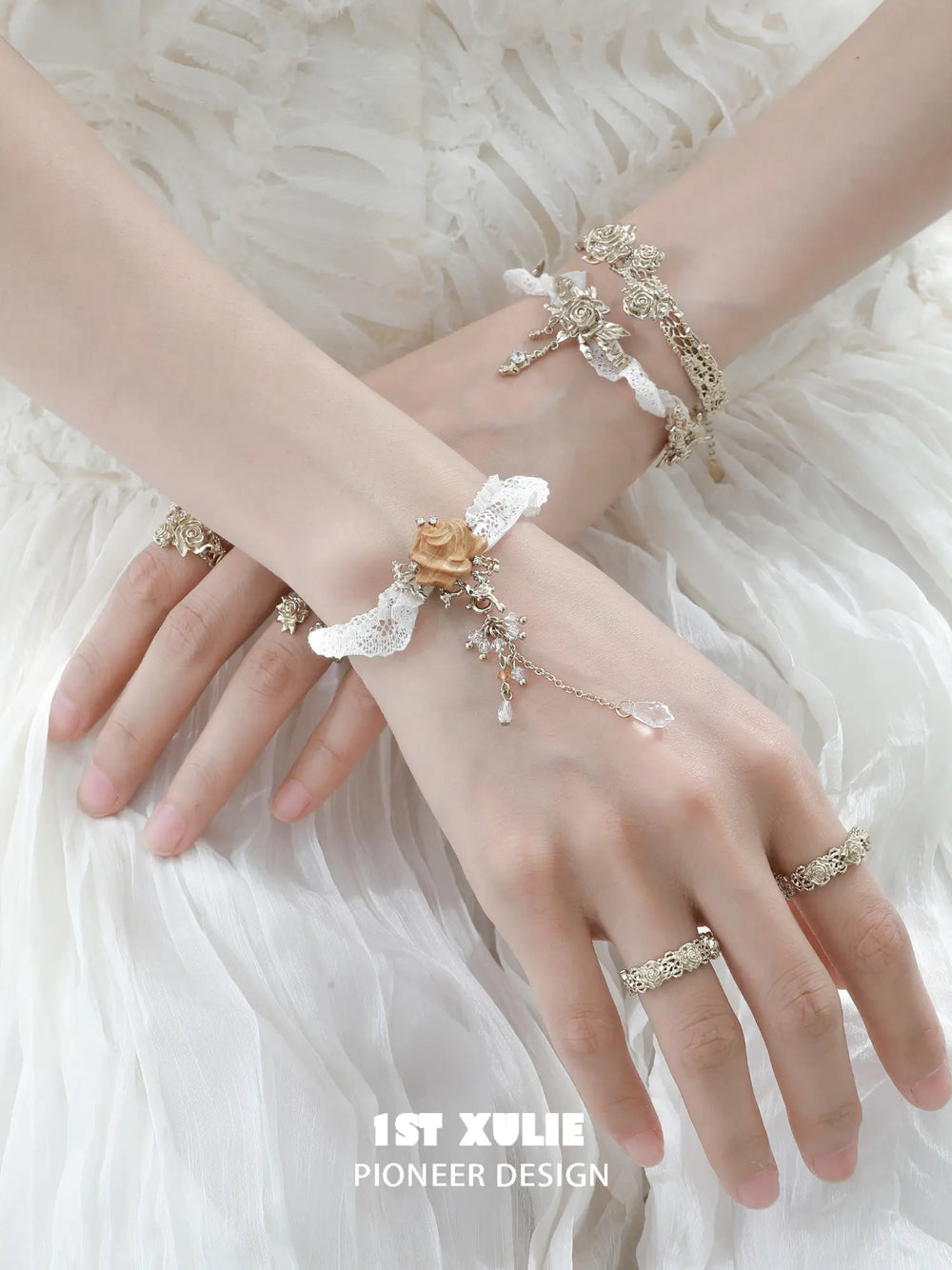 1ST XULIE Jewelry "Lace Rose" Victorian Lace Rose Tassel Charm Bracelet in 18K Gold Plated - Lifestyle Shot
