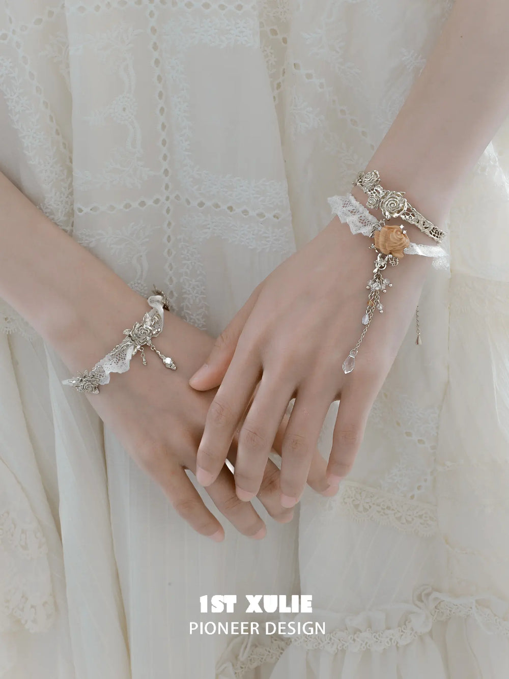 1ST XULIE Jewelry "Lace Rose" Victorian Lace Rose Tassel Charm Bracelet in 18K Gold Plated - Texture Detail