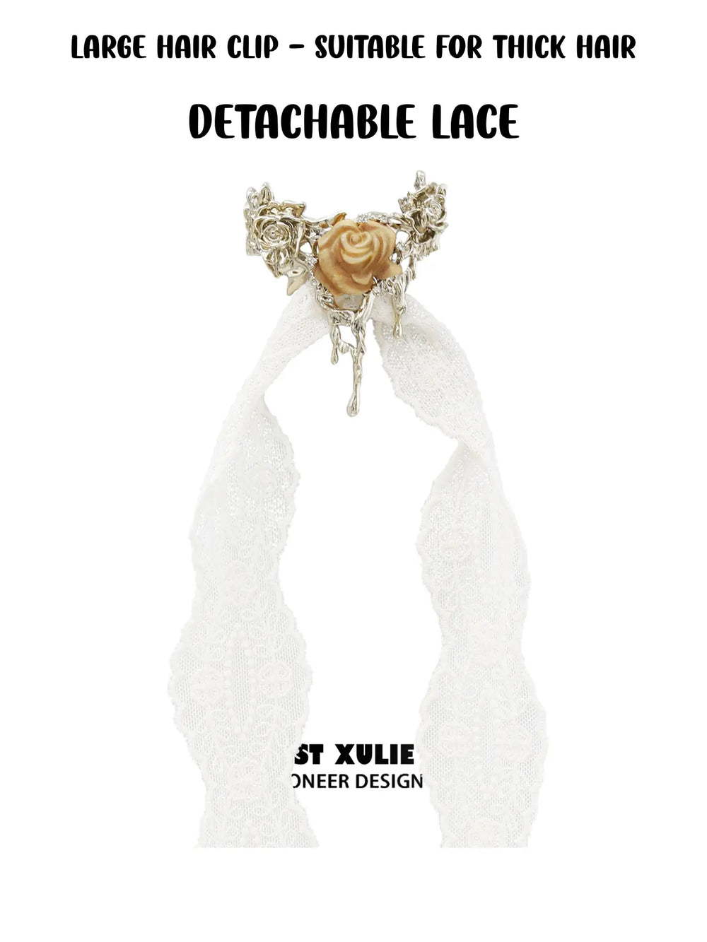 1ST XULIE Jewelry "Lace Rose" Victorian Lace Rose Hair Clip in 18K Gold Plated Brass - Lifestyle Shot
