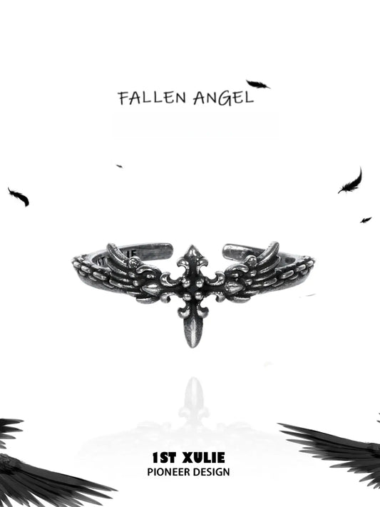 1ST XULIE Jewelry "FALLEN ANGEL" Vintage Fallen Angel Cross Ring in 925 Sterling Silver - Texture Detail