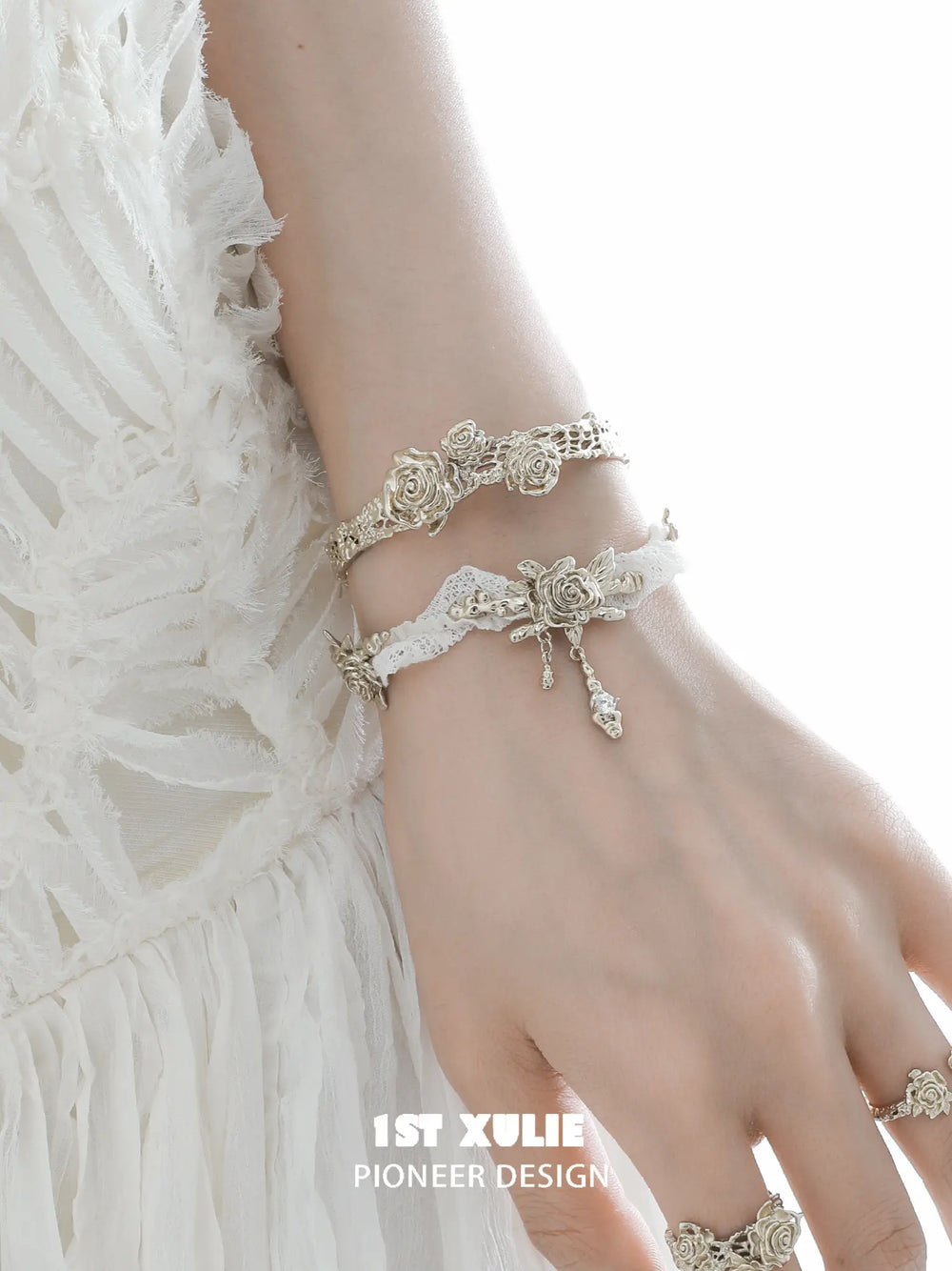1ST XULIE Jewelry "Lace Rose" Vintage Floral Charm Bracelet in 18K Gold Plated - Side View