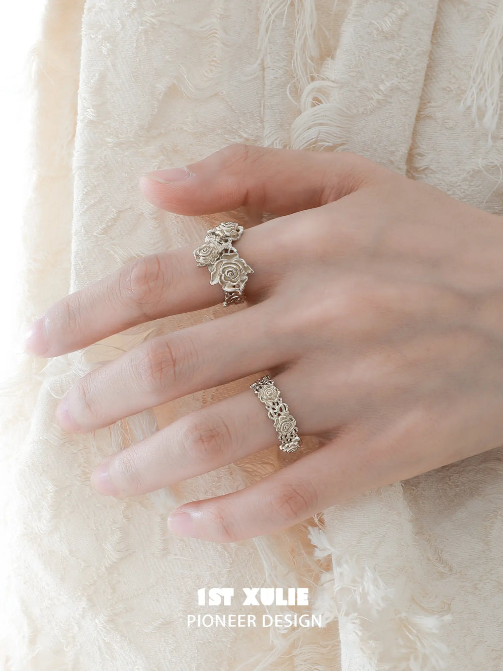 1ST XULIE Jewelry "Lace Rose" Vintage Floral Lace Rose Adjustable Ring in Light Gold Plated Brass - Product View