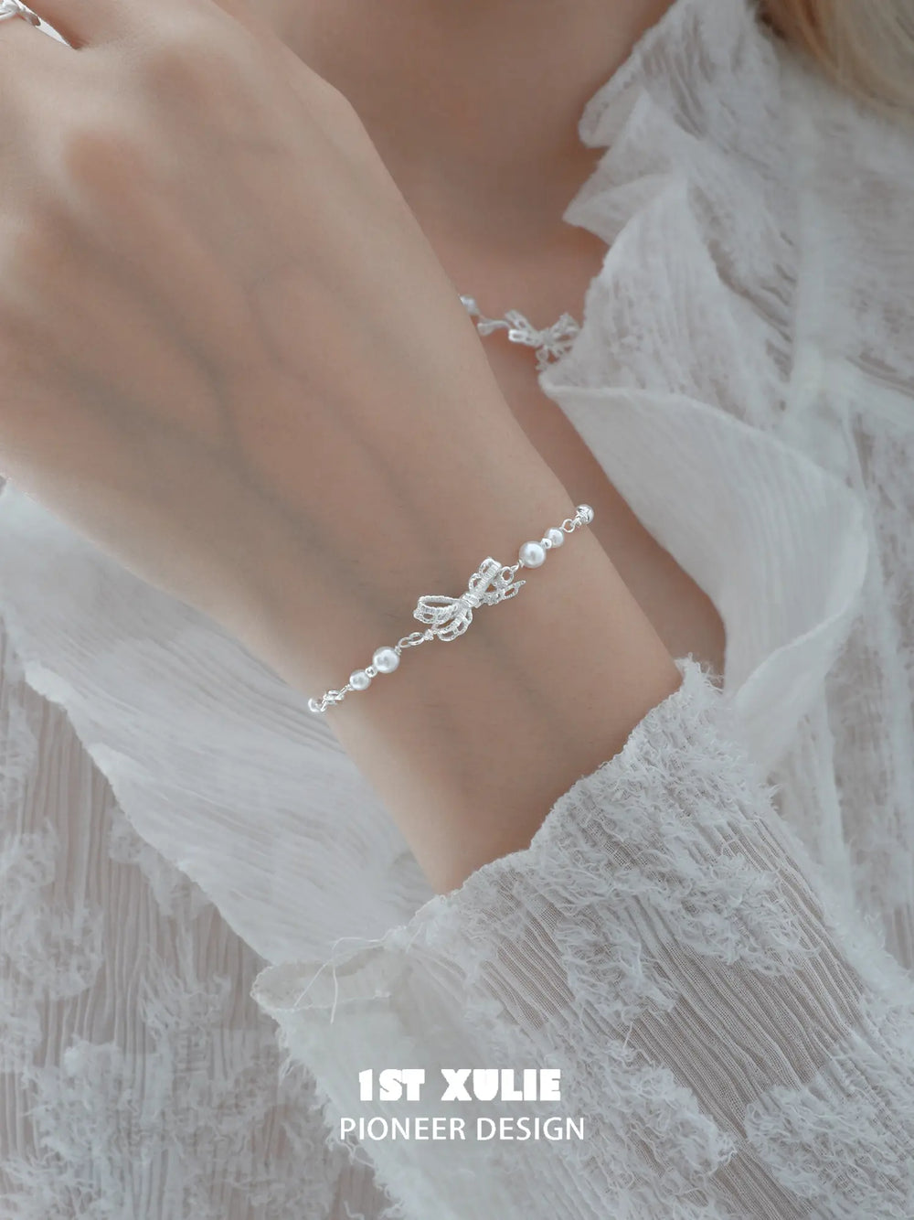 1ST XULIE Jewelry "STARLIGHT LACE" Vintage Lace Bowknot Bracelet in 925 Sterling Silver - On Model