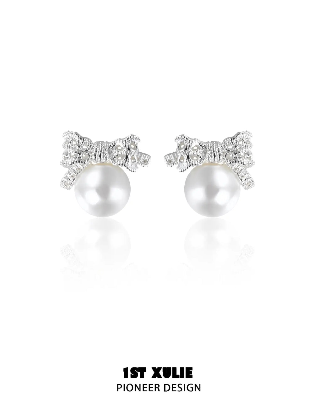 1ST XULIE Jewelry "STARLIGHT LACE" Vintage Lace Bowknot Pearl Stud Earrings in 925 Sterling Silver - Lifestyle Shot