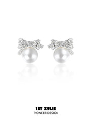1ST XULIE Jewelry "STARLIGHT LACE" Vintage Lace Bowknot Pearl Stud Earrings in 925 Sterling Silver - Lifestyle Shot