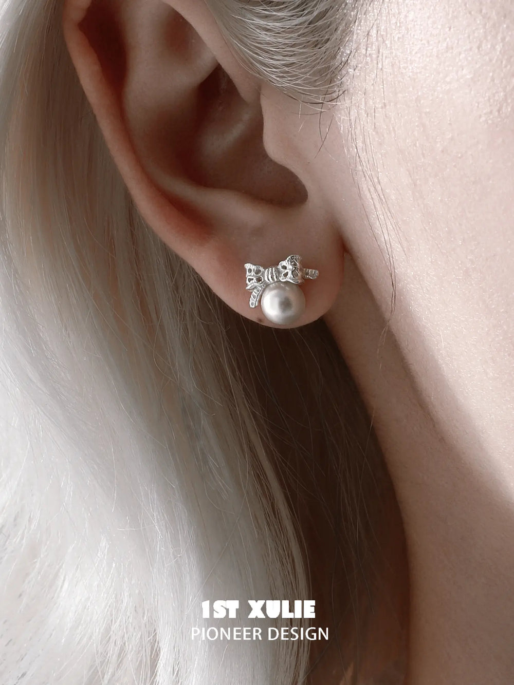 1ST XULIE Jewelry "STARLIGHT LACE" Vintage Lace Bowknot Pearl Stud Earrings in 925 Sterling Silver - Side View