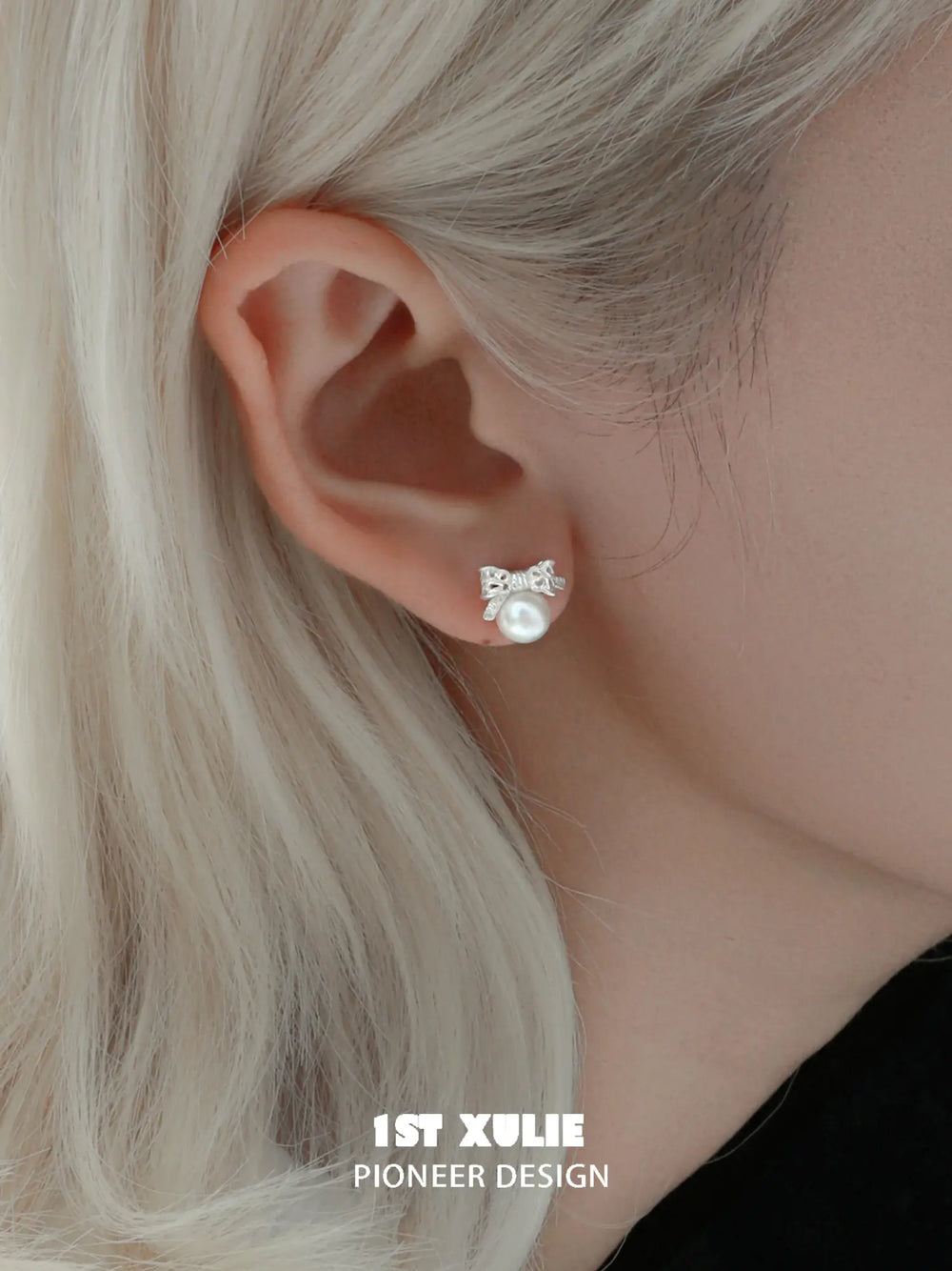 1ST XULIE Jewelry "STARLIGHT LACE" Vintage Lace Bowknot Pearl Stud Earrings in 925 Sterling Silver - Texture Detail