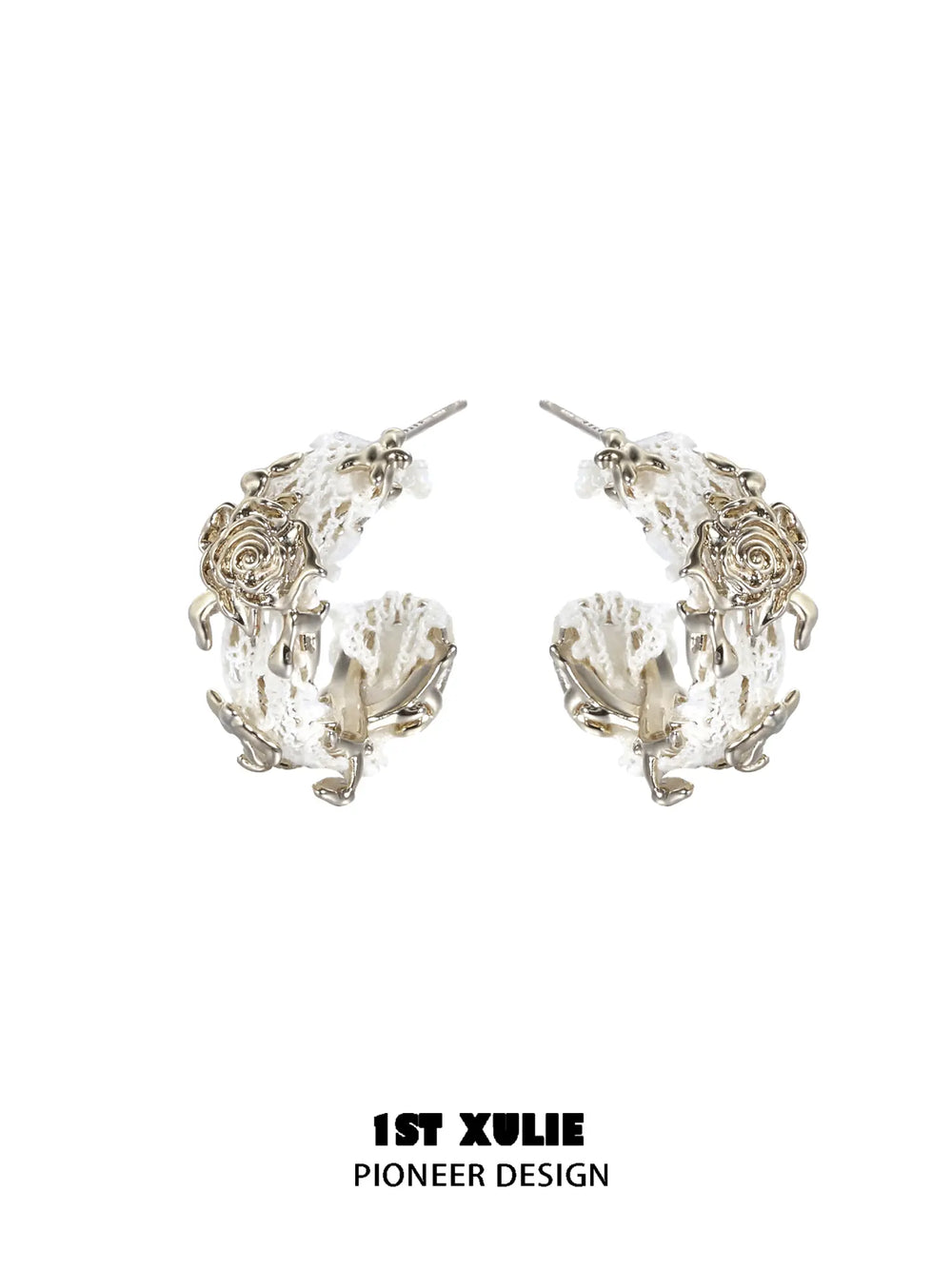 1ST XULIE Jewelry "Lace Rose" Vintage Woven Flower Drop Earrings in 18K Gold Plated - Back View
