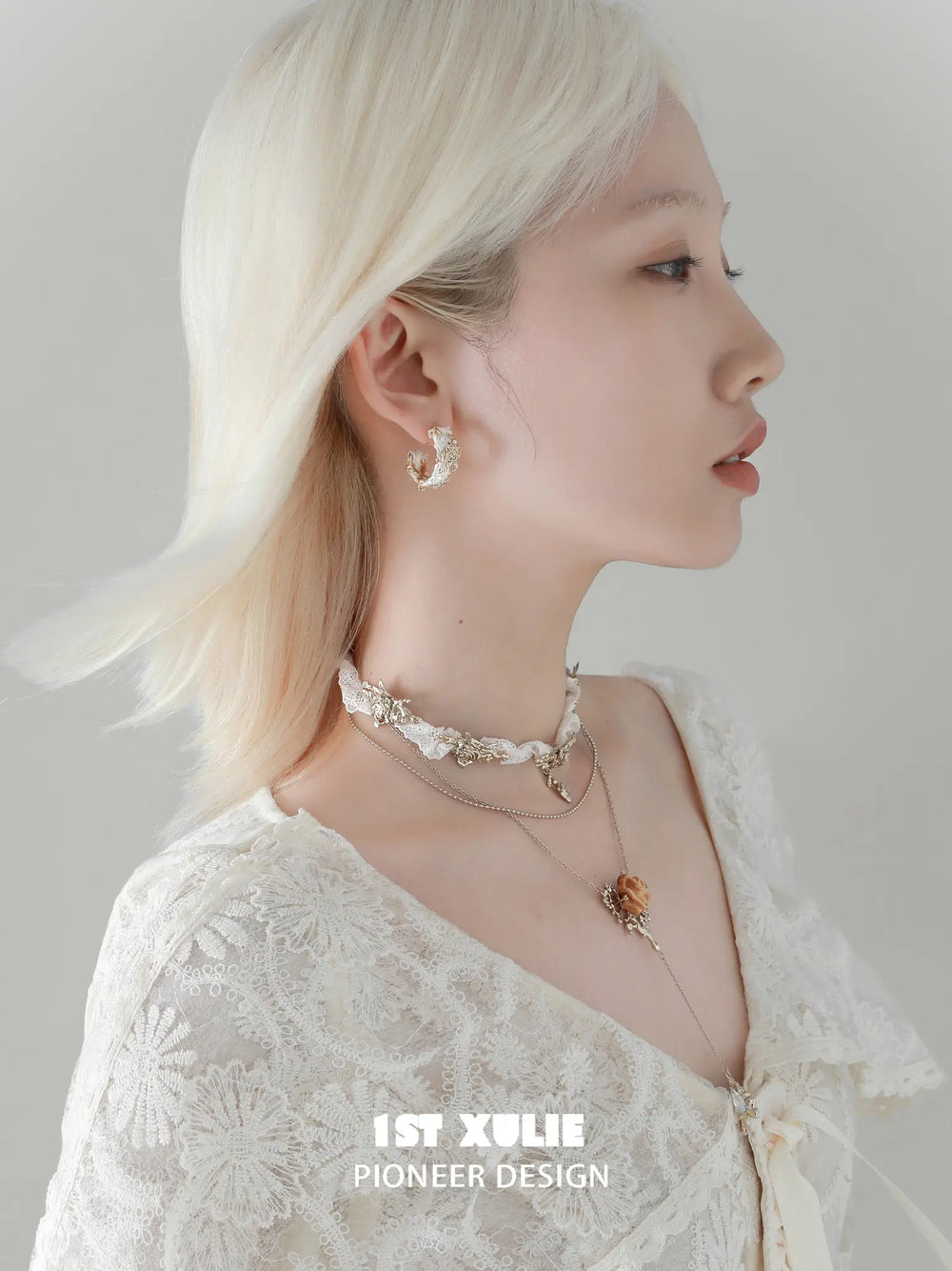 1ST XULIE Jewelry "Lace Rose" Vintage Woven Flower Drop Earrings in 18K Gold Plated - Lifestyle Shot