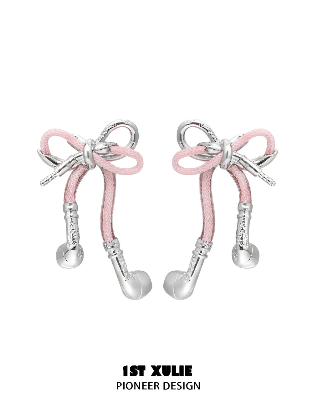 1ST XULIE Jewelry "MILLENNIUM SIGNAL" Y2K Bowknot Earphone Drop Earrings in Platinum Plated Brass - Lifestyle Shot