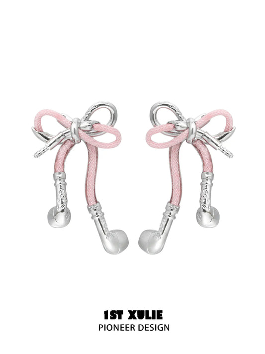 1ST XULIE Jewelry "MILLENNIUM SIGNAL" Y2K Bowknot Earphone Drop Earrings in Platinum Plated Brass - Lifestyle Shot
