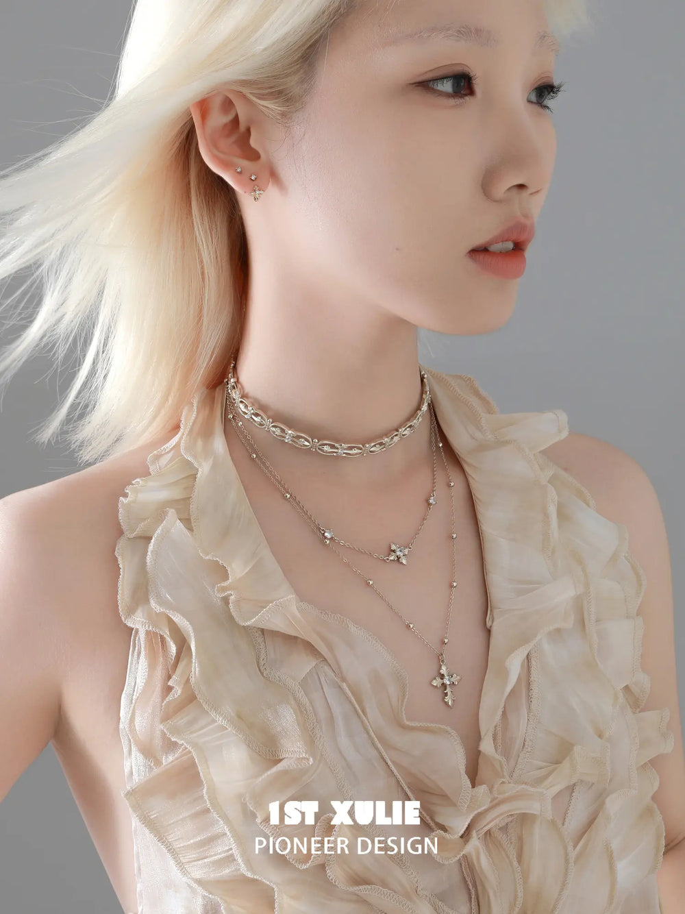 1ST XULIE Jewelry "Bastet" Zirconia Iris Floral Stud Earrings in 18K Gold Plated Brass - On Model