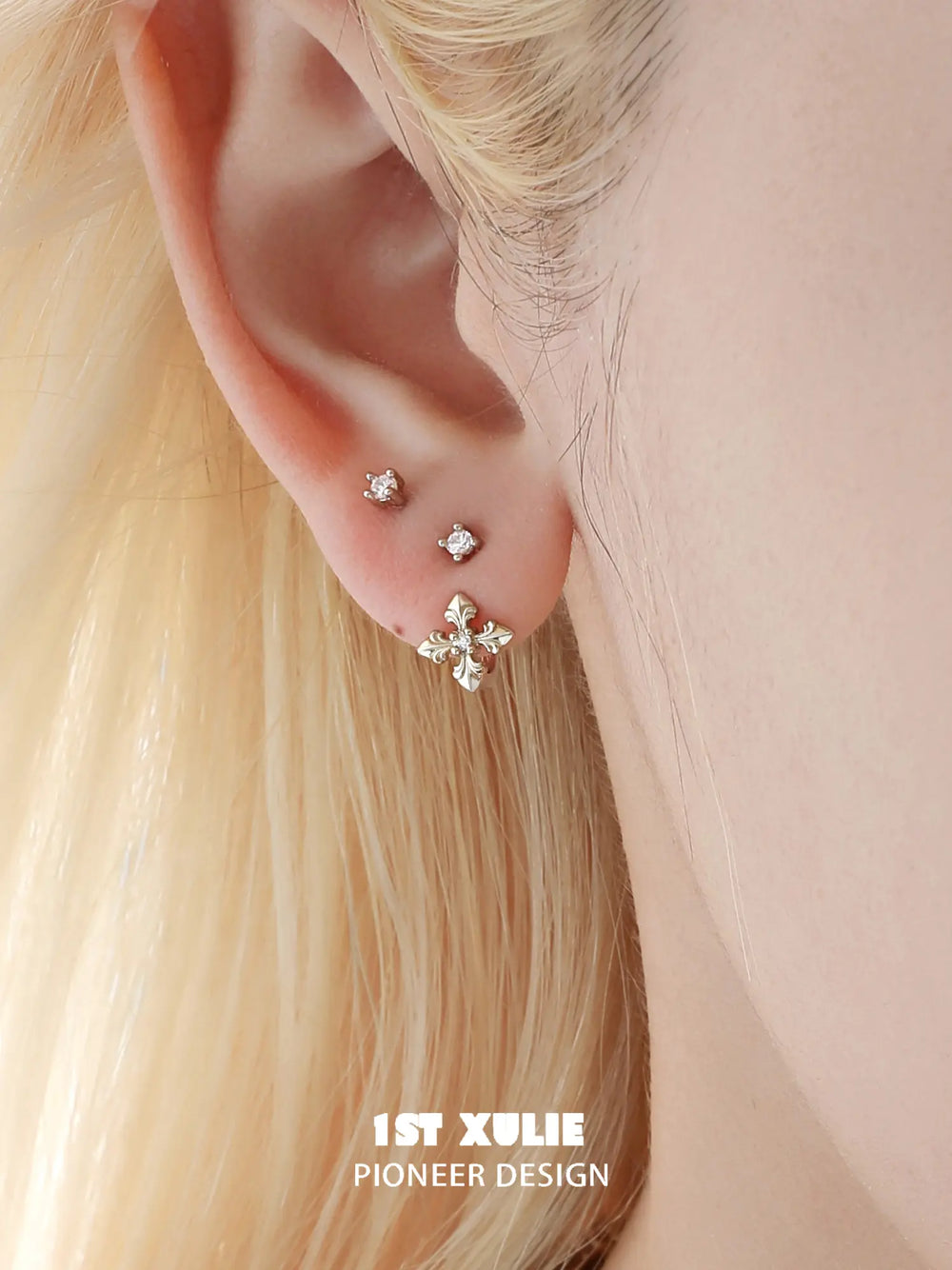 1ST XULIE Jewelry "Bastet" Zirconia Iris Floral Stud Earrings in 18K Gold Plated Brass - On Model