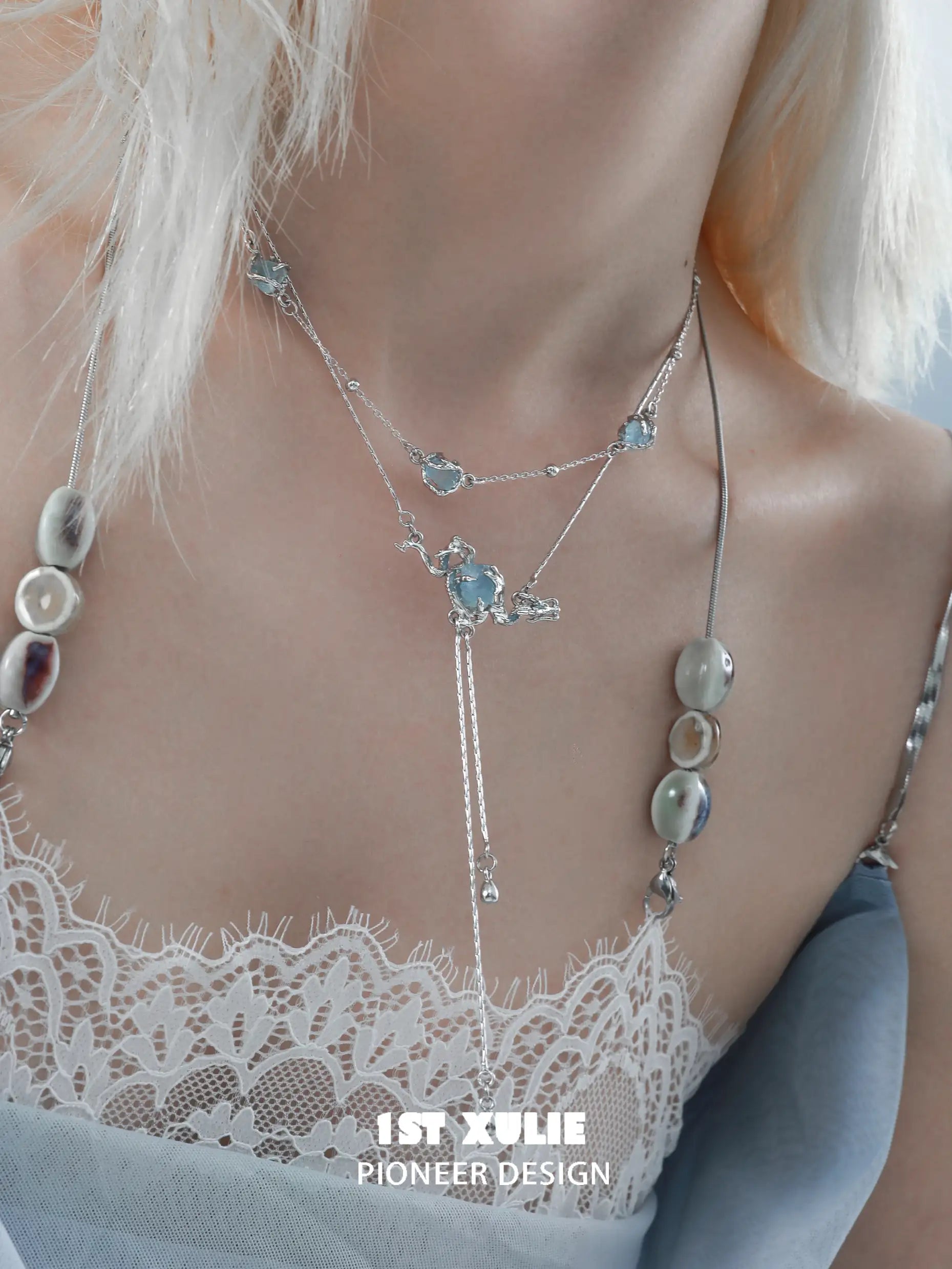 Loong-Ling Loong アクアマリン S925 スターリングシルバー タッセルチョーカーネックレス™ Loong-Ling Loong アクアマリン S925 スターリングシルバー タッセルチョーカーネックレス™