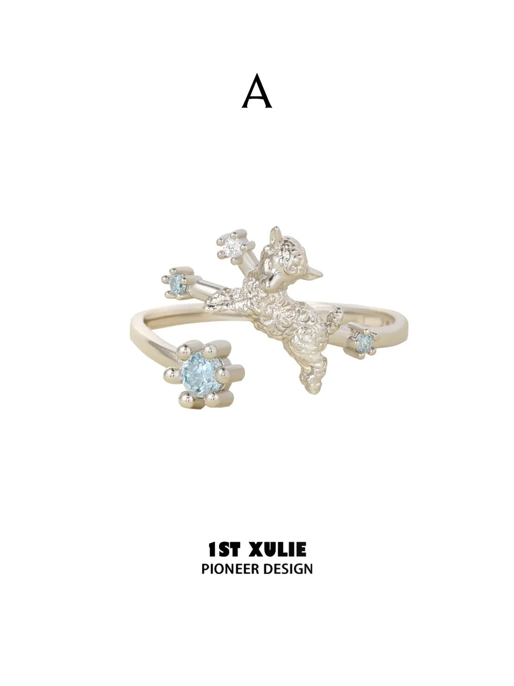 Style A ram-motif open ring with a pale blue stone
