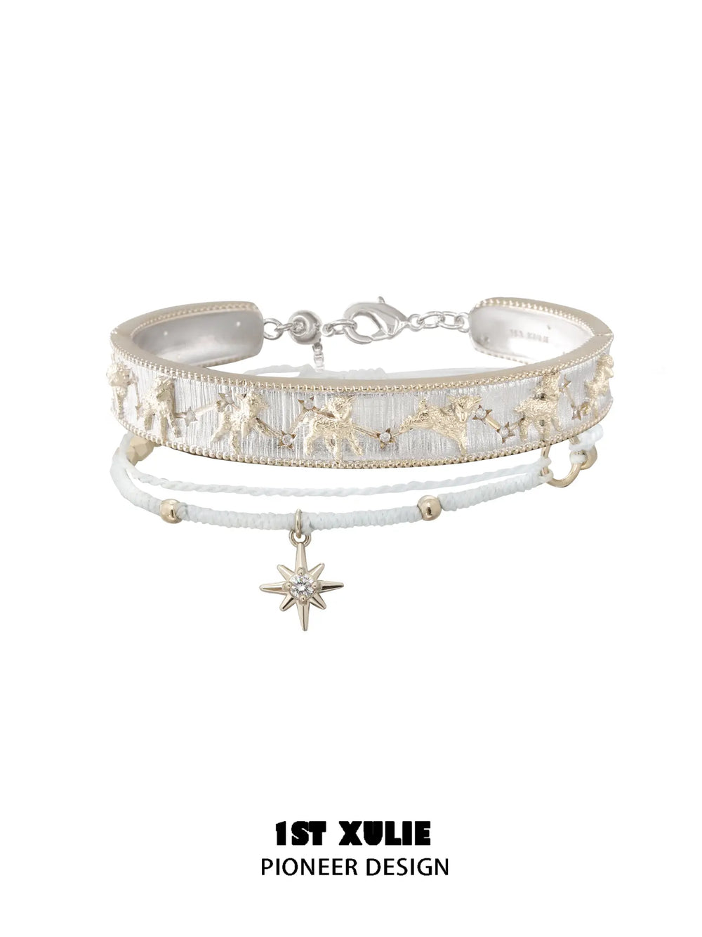 Celestial patterned bangle with a white cord star bracelet