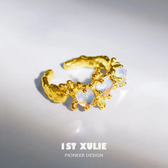 ムーンストーン S925 スターリングシルバー 24Kゴールドメッキ コーラル 調節可能オープニングリング™