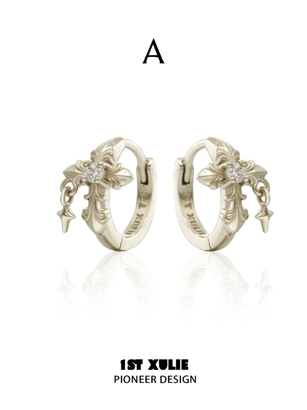 Style A gold-toned fleur-de-lis hoop earrings with small hanging details