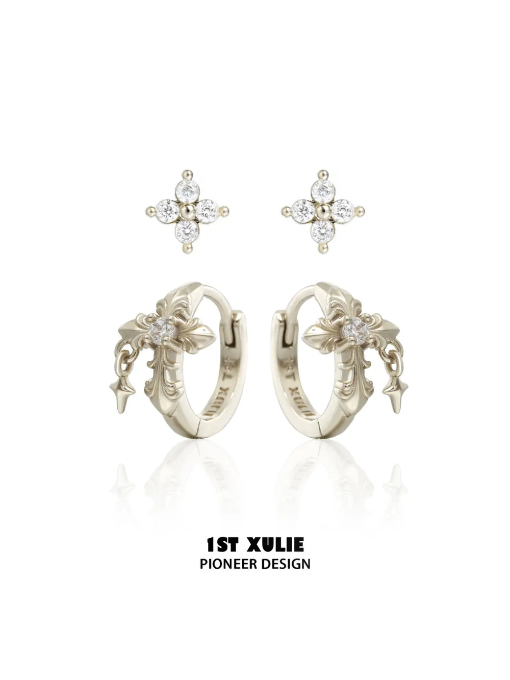 Gold-toned fleur-de-lis hoop and stud earring set
