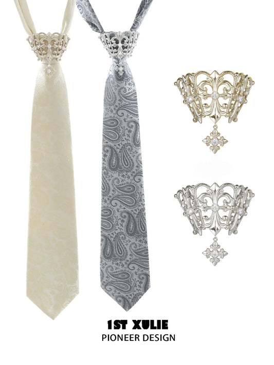 Gold-toned and silver-toned fleur-de-lis tie brooches with coordinating patterned neckties