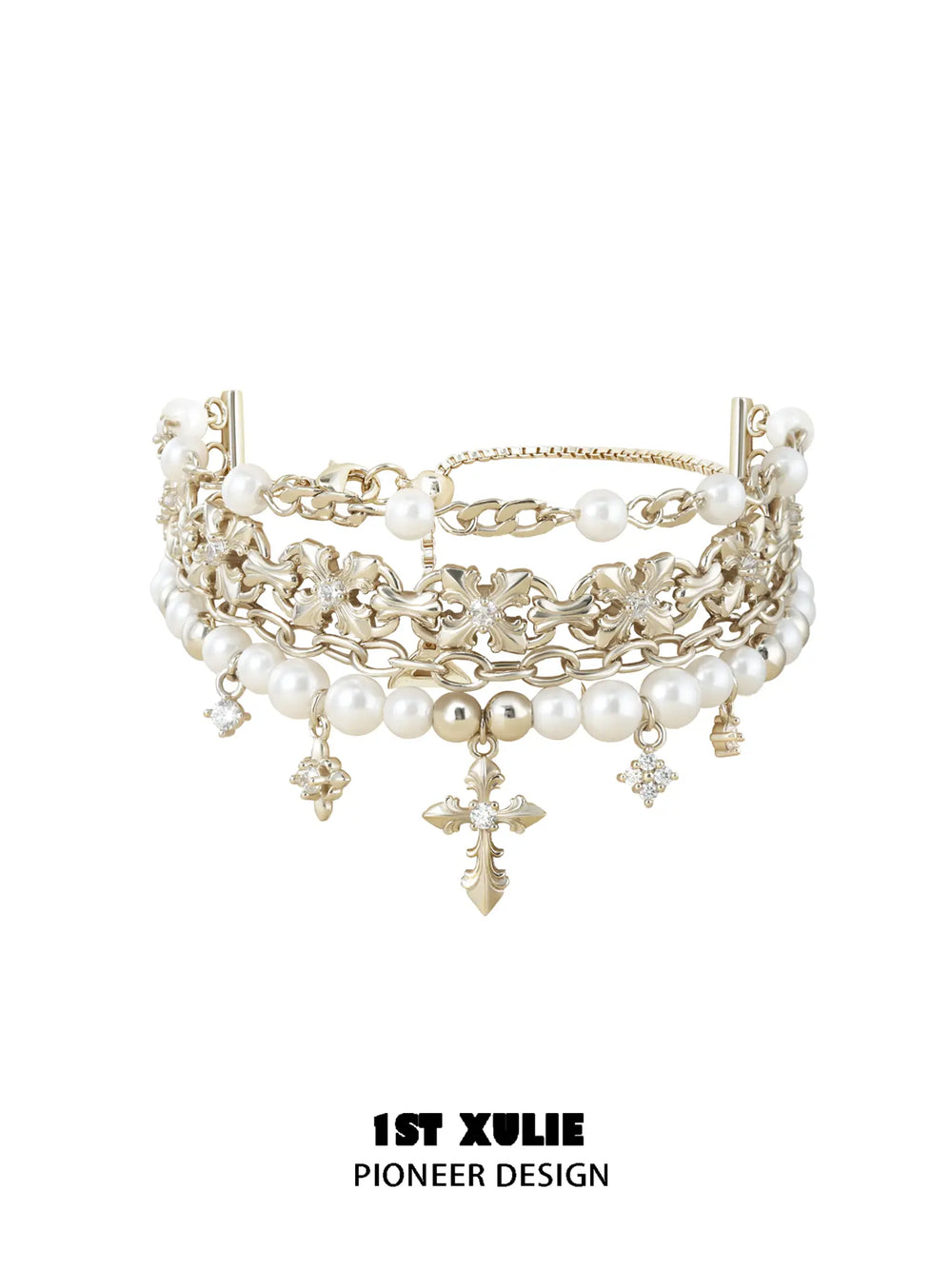 Layered gold-toned bracelet with white pearl beads and hanging fleur-de-lis charms