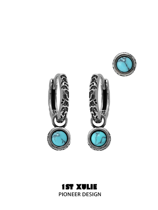 Composite turquoise hoop and stud earrings with darkened silver detailing