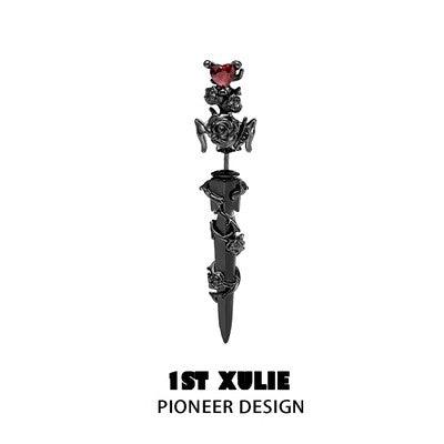 1ST XULIE "Taboo Rose" Gothic Rose & Sword Dangle Earrings in Platinum Plated - Back View