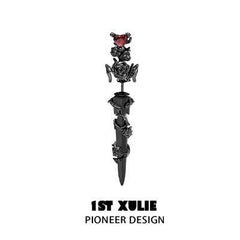 1ST XULIE "Taboo Rose" Gothic Rose & Sword Dangle Earrings in Platinum Plated - Back View
