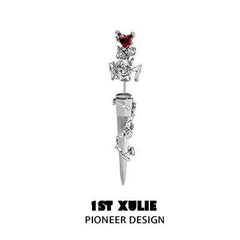 1ST XULIE "Taboo Rose" Gothic Rose & Sword Dangle Earrings in Platinum Plated - Full Product View