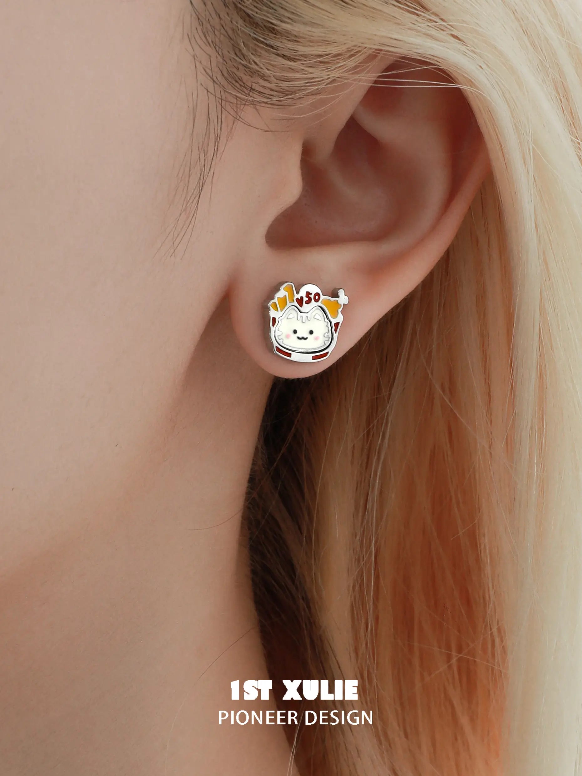 1ST XULIE "Cuties' Appleland" 4-in-1 Kitten Interchangeable Stud Earrings in Platinum Plated - Angled View