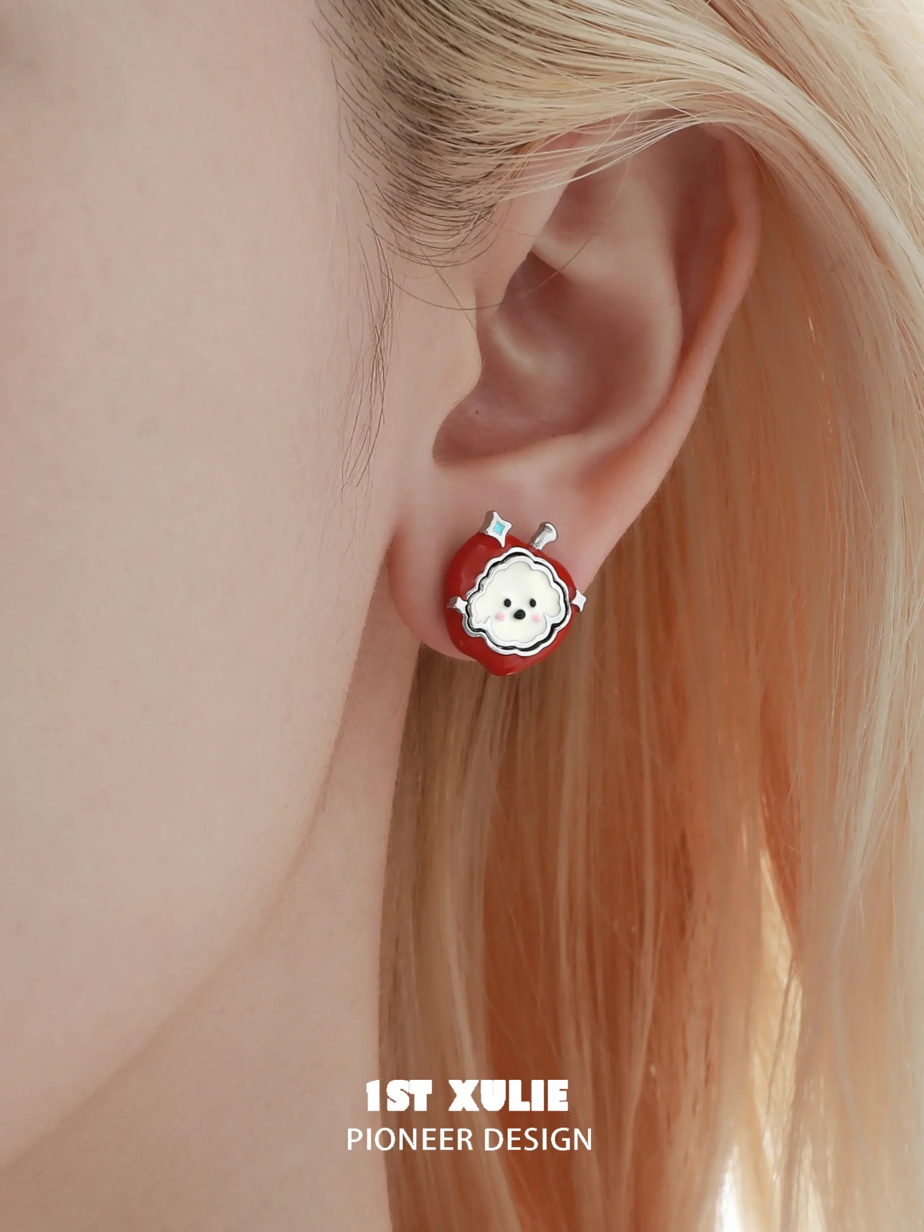1ST XULIE "Cuties' Appleland" 4-in-1 Kitten Interchangeable Stud Earrings in Platinum Plated - Angled Product View