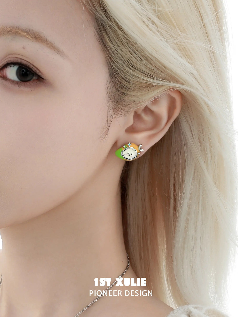 1ST XULIE "Cuties' Appleland" 4-in-1 Kitten Interchangeable Stud Earrings in Platinum Plated - Interchangeable Caps View