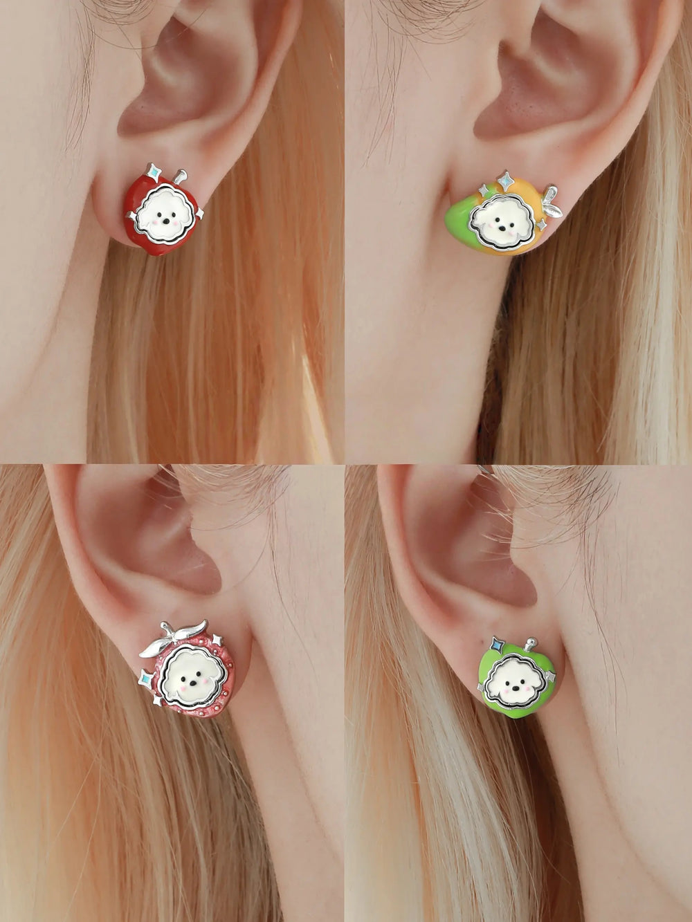 1ST XULIE "Cuties' Appleland" 4-in-1 Kitten Interchangeable Stud Earrings in Platinum Plated - Lifestyle Shot
