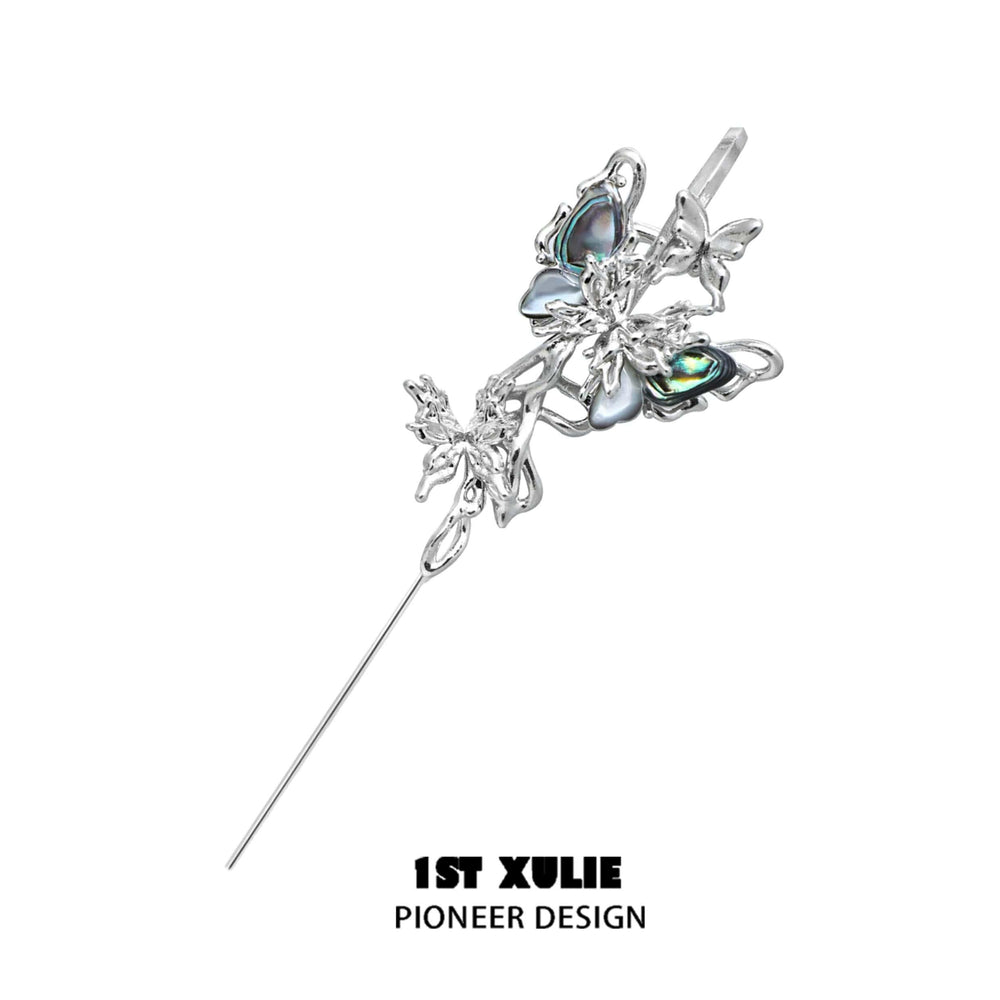1ST XULIE "Butterfly Wasteland" Abalone Shell Butterfly Dangle Threader Earrings in Platinum Plated - Detail Shot