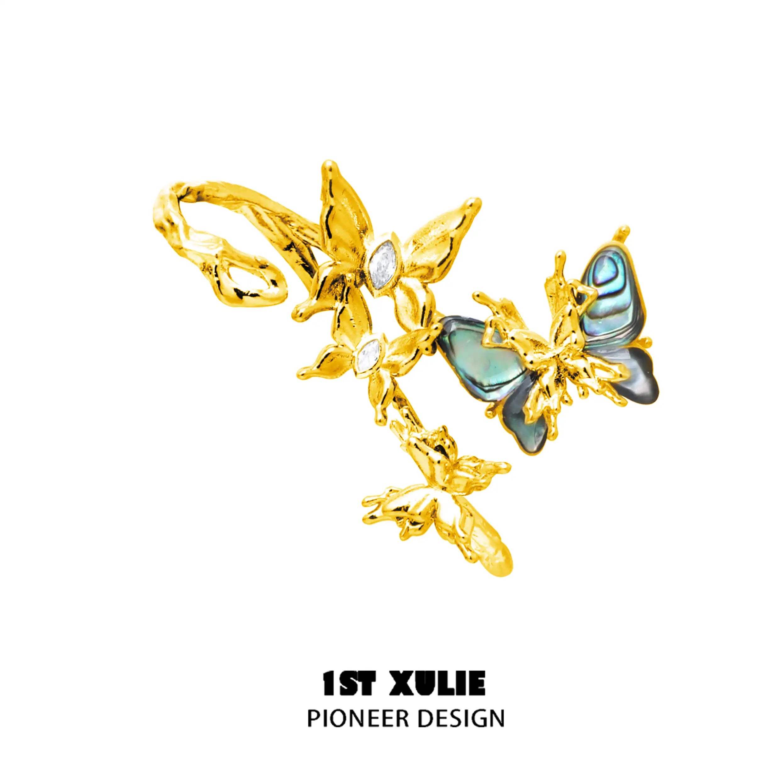 1ST XULIE "Butterfly Wasteland" 24K Gold Plated Abalone Shell Butterfly Statement Dangle Earrings - Side View