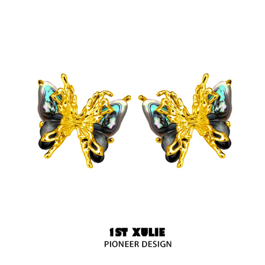 1ST XULIE "Butterfly Wasteland" Abalone Shell Butterfly Stud Earrings in 24K Gold & Platinum - Gold Version