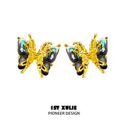 1ST XULIE "Butterfly Wasteland" Abalone Shell Butterfly Stud Earrings in 24K Gold & Platinum - Gold Version
