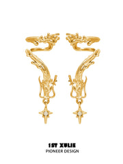 1ST XULIE "Loong" Abstract Dragon Dangle Ear Cuffs in Platinum Plated - On Model