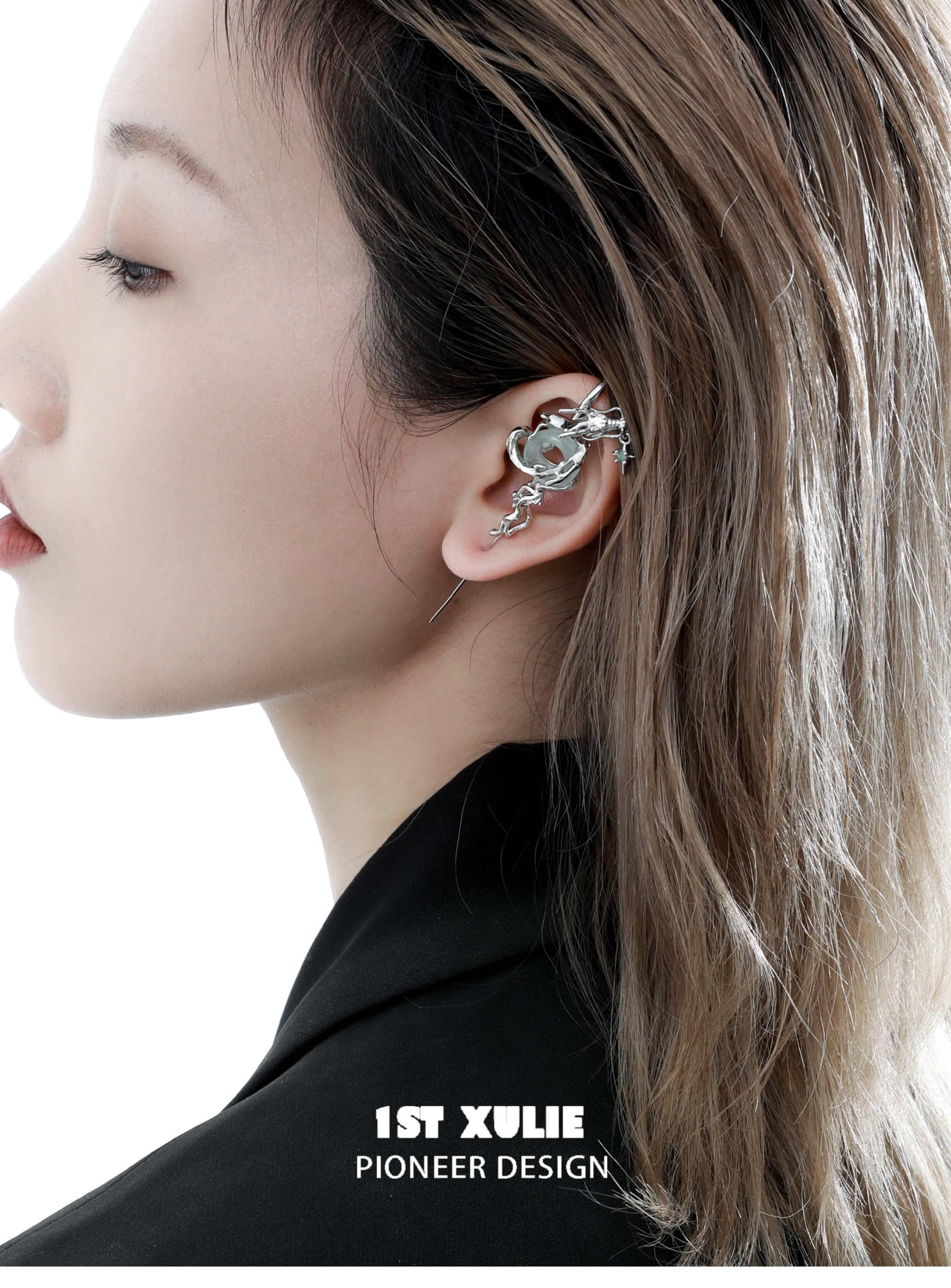 1ST XULIE "Loong" Statement Abstract Dragon Jade Dangle Earrings in Platinum Plated - Lifestyle Shot